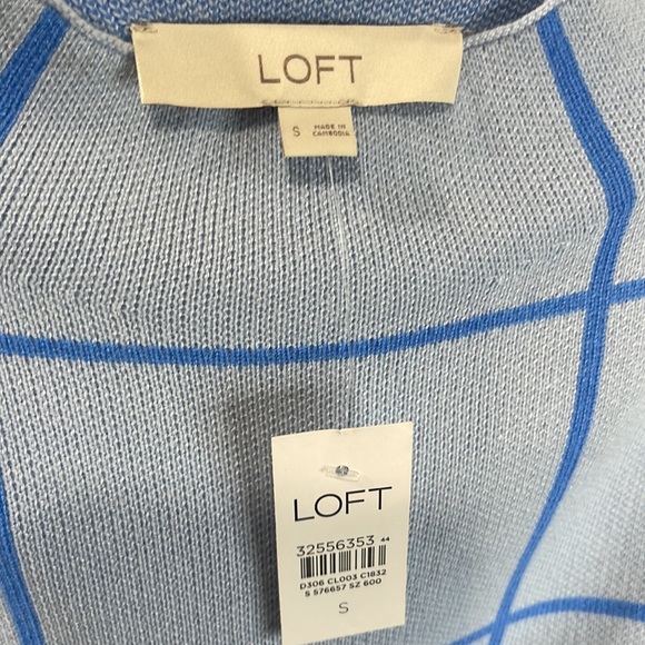 Loft Mock Neck Tunic Sweater Dark Blue on Light Blue Window Pane Plaid - Picture 7 of 9